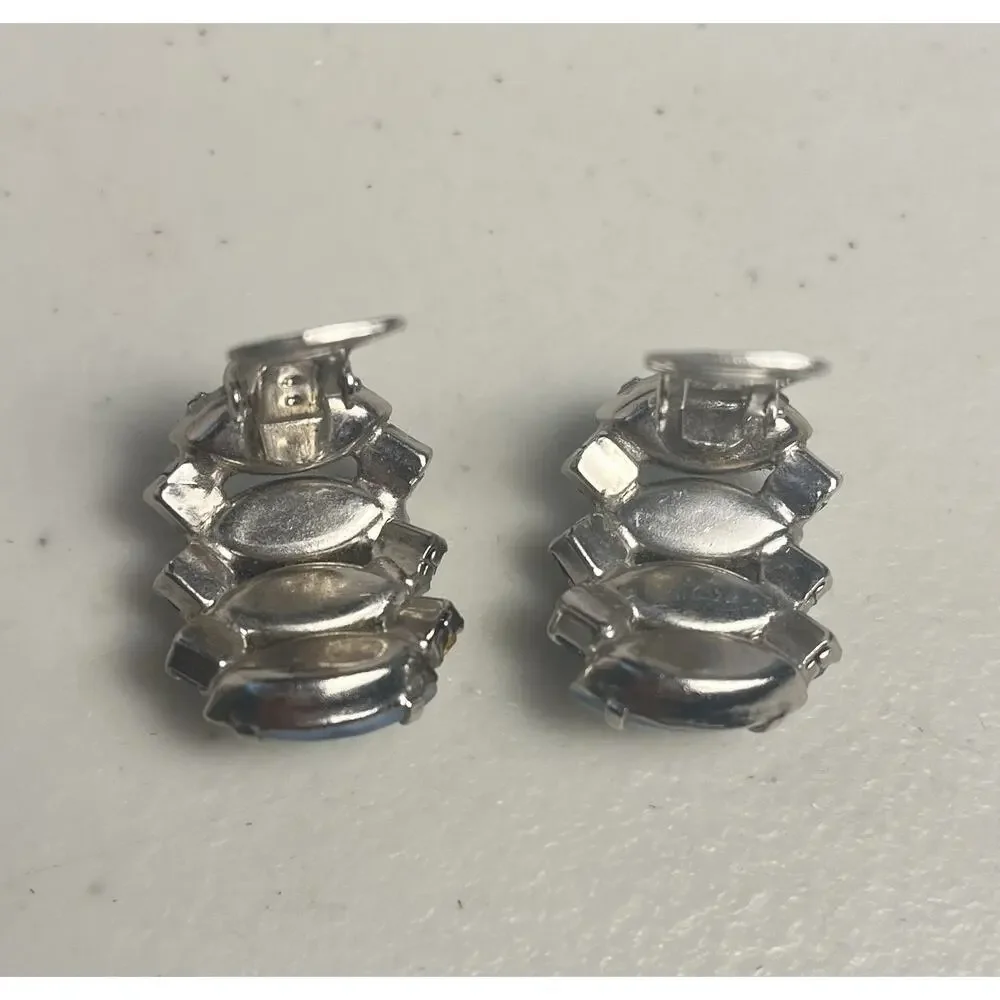 Blue Moonstone Art Glass Rhinestone Clip On Earrings 50s 60s Vintage MCM Mod
